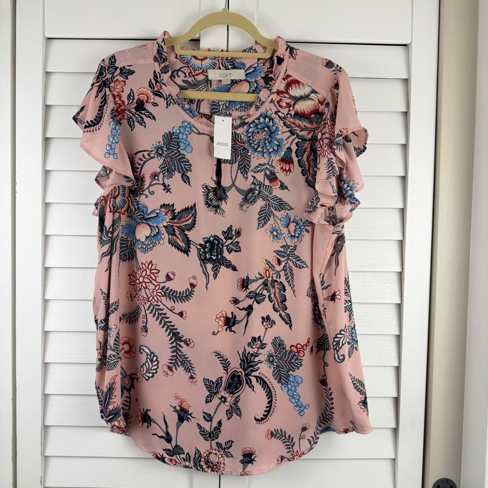 LOFT Blouse XXL Pink Floral Ruffle Sleeve Keyhole Neck NEW - Picture 15 of 15